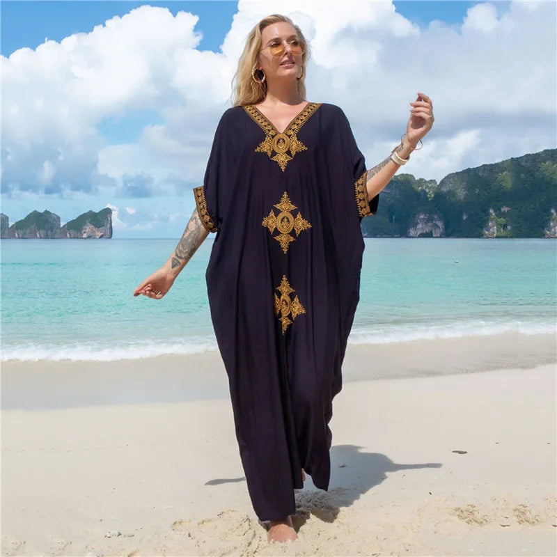 Women's Clothing Gold Embroidery Long Kaftan Dresses V Neck Caftan Dress Beach Cover Ups Tunic Maxi Dress