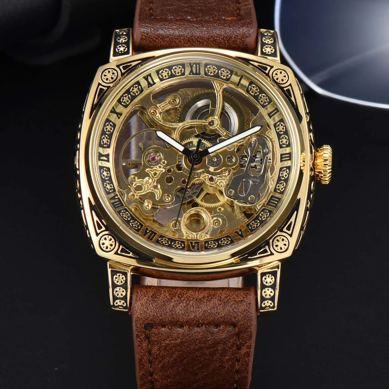 Men Automatic Watch Retro Style Mechanical Watches Skeleton Carve Waterproof Leather No Logo Mens Watch Boyfriend's Gift