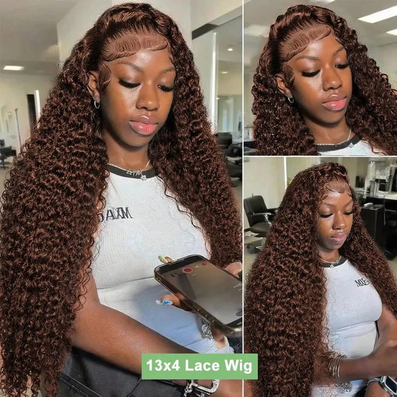 250% Density Chocolate Brown Jerry Curly 13x4 Lace Frontal Wigs Human Hair HD Lace Front Wig Human Hair  Deep Curly Wave Wig For Women
