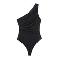Summer Asymmetric Sleeveless Pleated Silk Mesh Bodysuit Women Single Shoulder Slim Fit Jumpsuit Female Beach Holidays Wear 2026