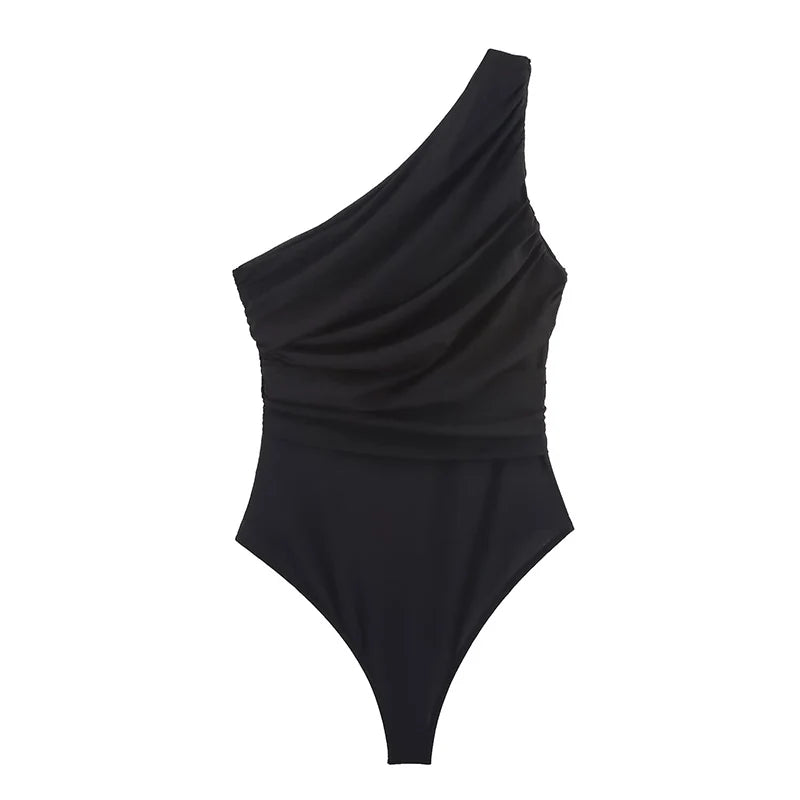 Summer Asymmetric Sleeveless Pleated Silk Mesh Bodysuit Women Single Shoulder Slim Fit Jumpsuit Female Beach Holidays Wear 2026
