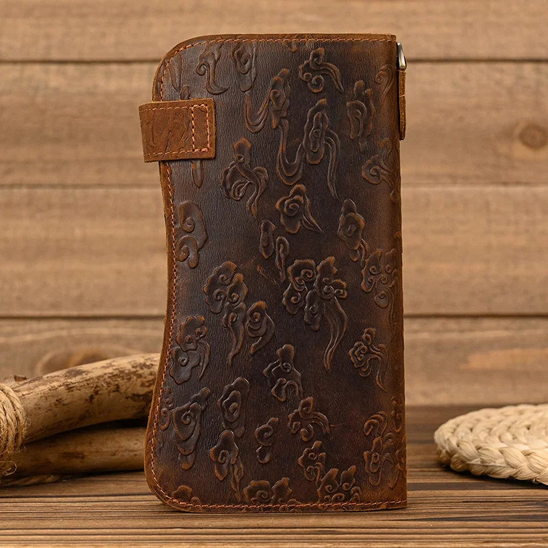 Men's Vintage Crazy Horse Leather Chain Wallet Genuine Leather Bifold Long Wallet Snap Card Holder Purse Zipper Coin Rfid Pocket