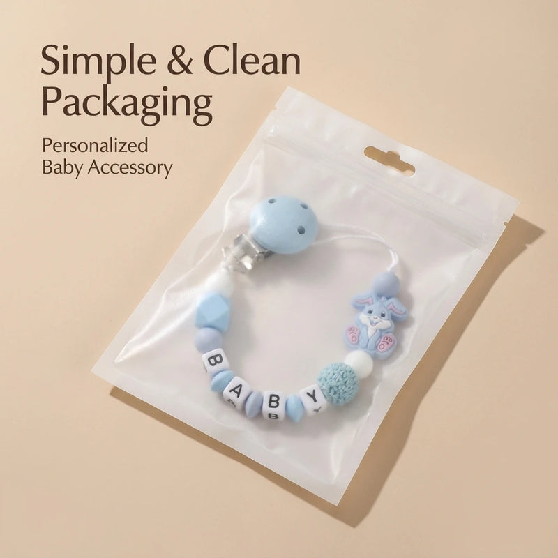 Custom Name Bunny Pacifier Clip Blue Silicone Teething Bead Chain BPA Free Handmade Dummy Holder Safe Baby Boy Shower Gift