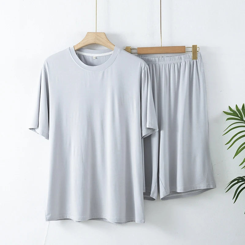 2pcs Men's Pajama Set Minimalist Solid Style Bamboo Fiber Fabric Short Sleeve Shorts Lightweight Soft Breathable Loungewear Set