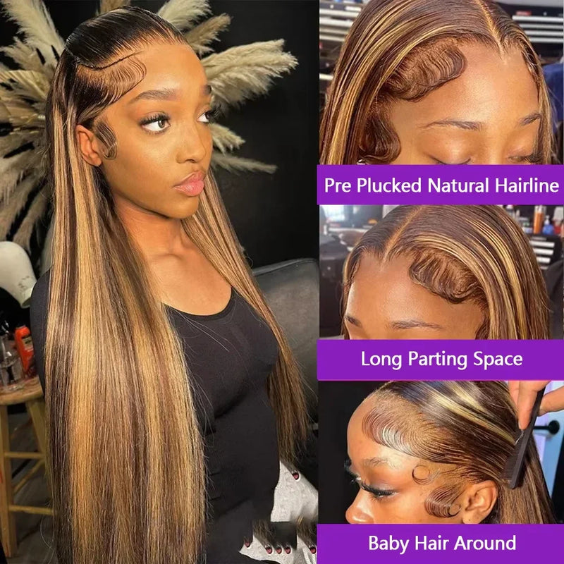 13x6 Extra Wide HD Lace P4/27 Highlight Straight Wig 200% High Density Silky Long Hair 13x4 Optional 16-40 Inch Pre Plucked Natural Hairline Glueless Wig