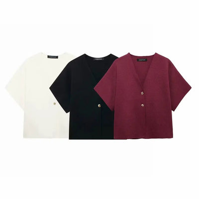 Elegant Solid Knitted Women's Vest V-neck Short Sleeve | SAMAG