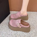 Women's Summer Perforated Mules | Retro Suede Adjustable Buckle Closed-Toe Slides | Platform Wedge Sandals for Height Boost