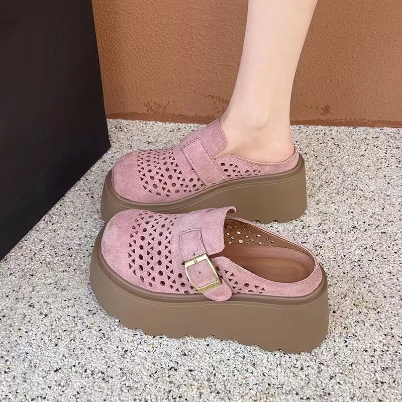 Women's Summer Perforated Mules | Retro Suede Adjustable Buckle Closed-Toe Slides | Platform Wedge Sandals for Height Boost