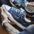 Maden Men's American Retro Running Street Sneakers Washed Denim Canvas Low-Tops with Thick Cushion Sole for Summer Street Style