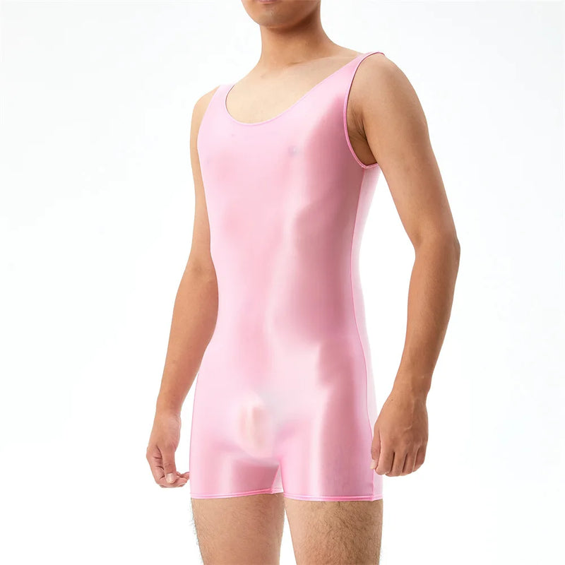 Mens Undershirts Leotard Sleeveless Glossy Elastic Seamless Bodysuits Wrestling Singlet Bodywear Lingerie Sheer Gay Jumpsuits