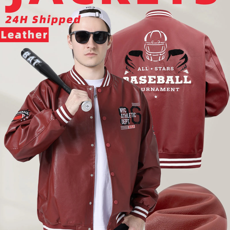 Men's Faux Leather Jackets Varsity Embroidered Baseball Coat Casual Daily Motorcycle Windbreaker Outerwear New in Jacket