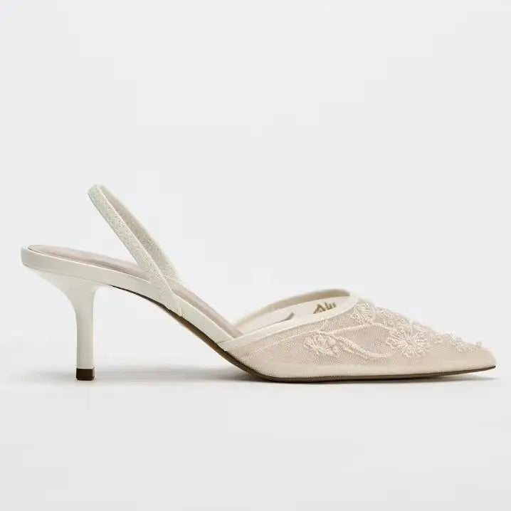 2026 Spring/Summer New Women's Shoes Champagne Chinese Embroidery Mesh Pearl Pointed High Heels Thin Heels Baotou