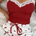 Women's Two-Piece Summer Ribbed Knitted Flower Print Lace Trimmed Camisole Vest and Bow Shorts Sexy Pajama Set