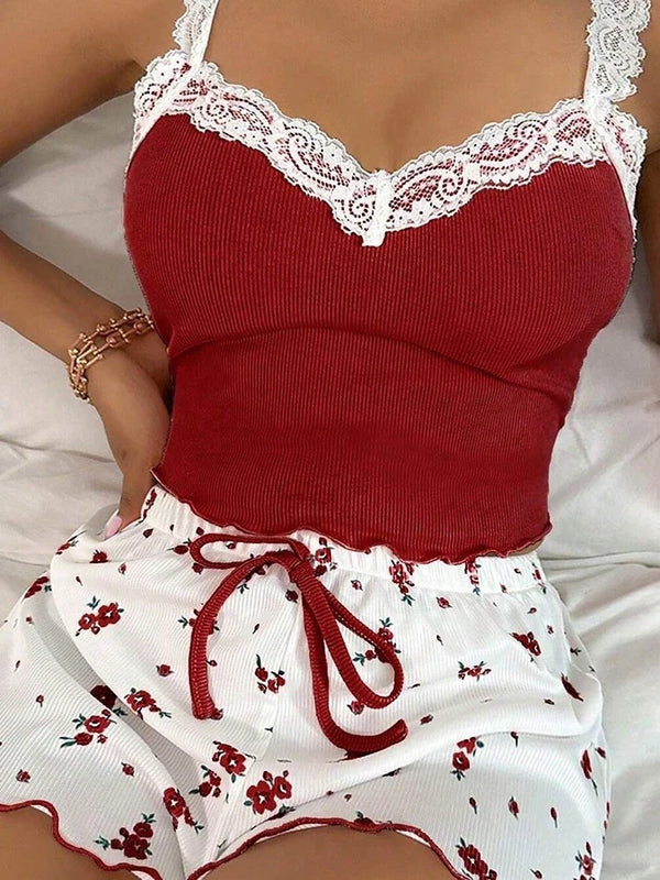 Women's Two-Piece Summer Ribbed Knitted Flower Print Lace Trimmed Camisole Vest and Bow Shorts Sexy Pajama Set