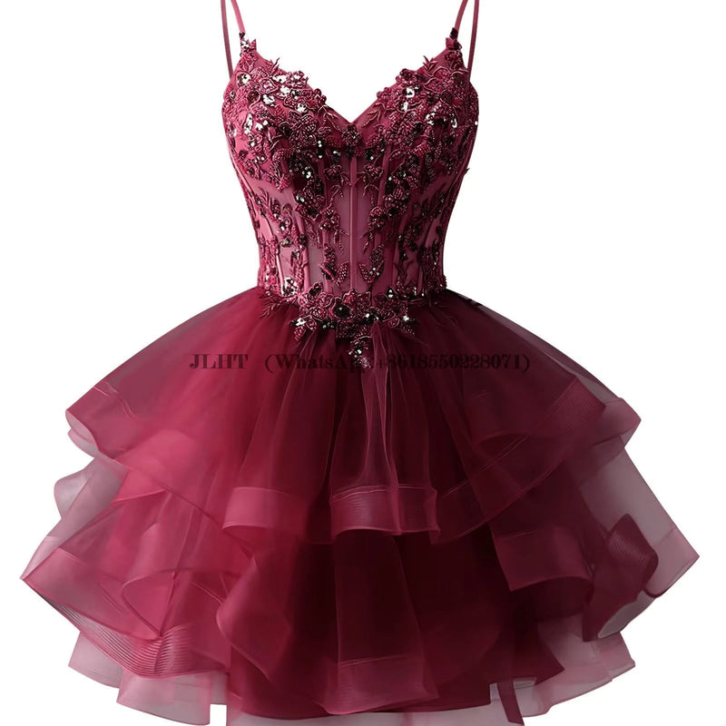 Customized Tiered Tulle A Line Homecoming Dress For Teens Sparkly Lace Applique Beaded Short Prom Dress Mini Cocktail Party Gown