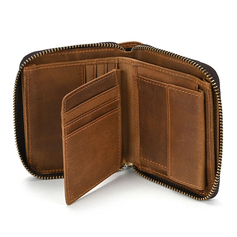 Men Crazy horse Genuine Leather Coin Wallet Real Leather Snap Short Purse Women Coin Pocket Zip Around Small Trifold Pocket