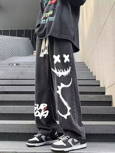 Printed Black Baggy Jeans Pants Men Straight Oversize | SAMAG