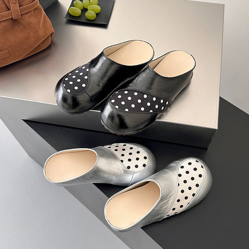 Women Retro Polka Dot Mule Clogs Ladies PU Round Toe Slip On Half Slippers Casual Outdoor Indoor Fashion Daily Wear Footwear