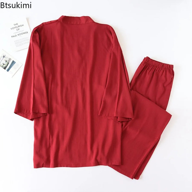 2026 Men's Japanese Kimono Robes Sets Cotton Linen Pajamas Two-piece Set Couple Loose Bathrobes Sweat Steaming Home Service Suit