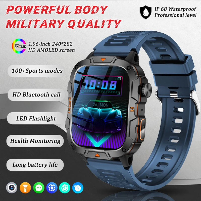 2025 New Military Grade Smart Watch Men 1.96" AMOLED Screen 5ATM Waterproof Simming Sports Fitness Tracker BT Call Smartwatches