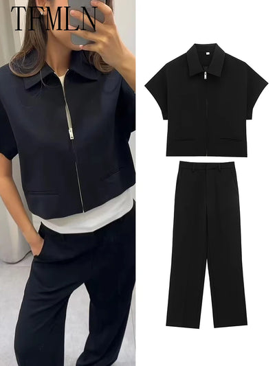 TFMLN Fashion Set For Women Summer Slim Lapel Zipper | SAMAG