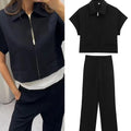 TFMLN Fashion Set For Women Summer 2025 New Slim Lapel Zipper Short Sleeve Coat Top Wide Leg Pants Two Piece Set Leisure Black