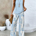Women Casual 2 Piece Outfit Sleeveless Tank Top + Leaf Print Wide Leg Pants Set Summer Vacation Loungewear