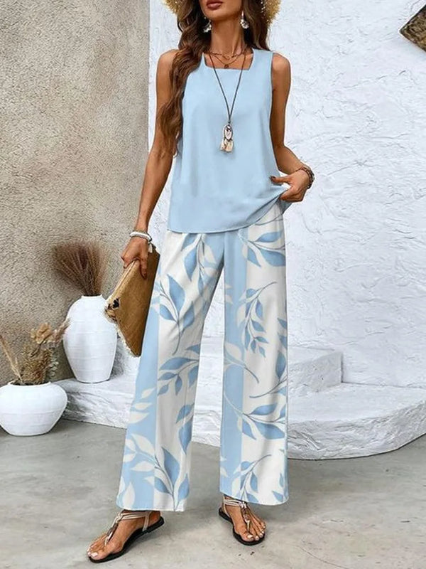 Women Casual 2 Piece Outfit Sleeveless Tank Top + Leaf Print Wide Leg Pants Set Summer Vacation Loungewear