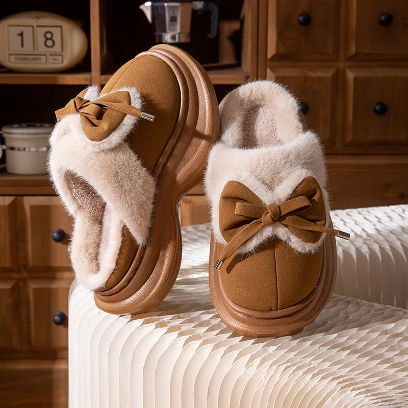Bow Winter Women's Slippers Home Casual Plush Luxury Designer Woman Shoes Wedges Platform Fuzzy Fur Slides Fashion Soft Sole
