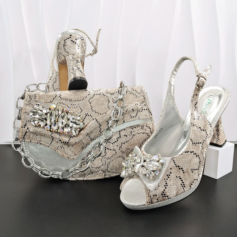 New Arrive Peep Toe Heels Bigger Size for Women 2026 Elegant Party Pink Color Diamond Pumps Italian Shoes and Bags Matching Set