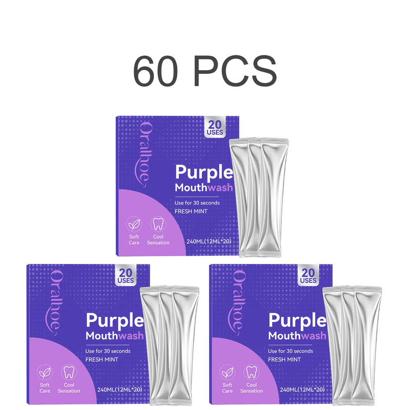 Purple Mouthwash Fresh Mint Flavor Gentle Formula Daily Oral Care Portable 20 Sachets Travel Size No Alcohol Quick Rinse 240ml