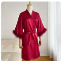 White Bride Wedding Robe with Feathers Women Satin | SAMAG