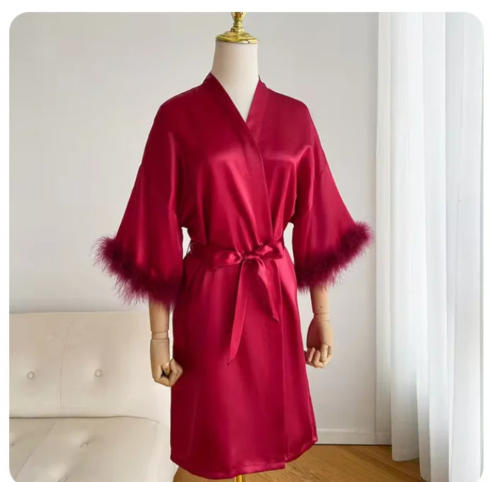 White Bride Wedding Robe with Feathers Women Satin | SAMAG