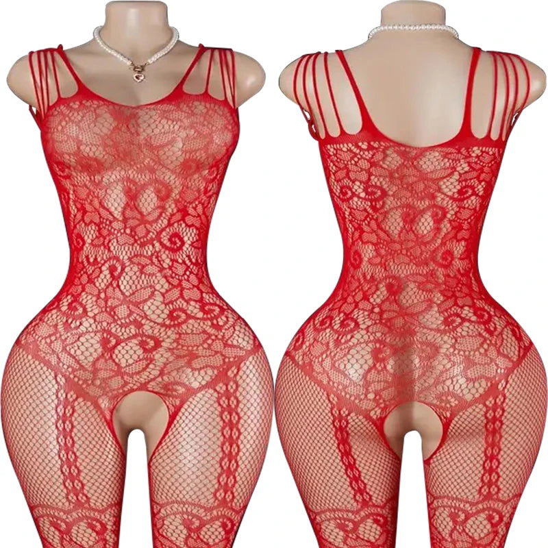 Sling Halter Neck Baby Dolls Underwear Fishnet Hollow Bodystockings Sexy Lingerie Women Cross Legged Crotchless Babydolls Dress