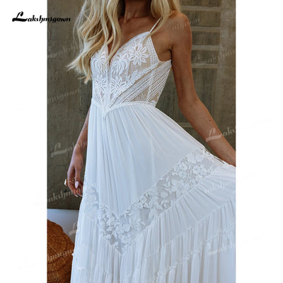 Romantic Thin Strap V Lace Boho Wedding Dress Chiffon | SAMAG