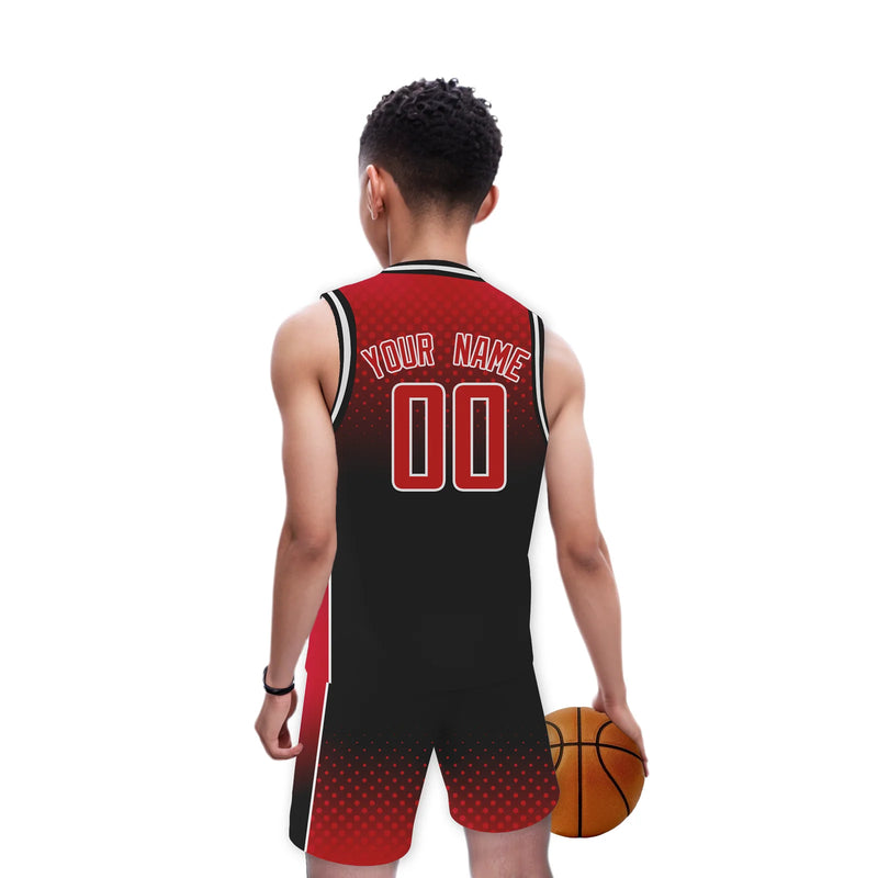 Custom Red Black Sports Basketball Training Uniforms Kids Boys Girls Basketball Jersey and Shorts Kit Printed Team Name Number