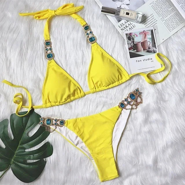 Halter Metal Chains Rhinestone Diamond Bikini Women | SAMAG