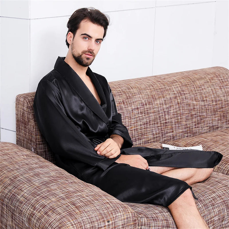 2025 Summer Men's Thin Pajamas Robes Men Homewear Long Sleeve Kimono Bathrobe Black Silk Sleepwear Male Shower Robe Nightwear