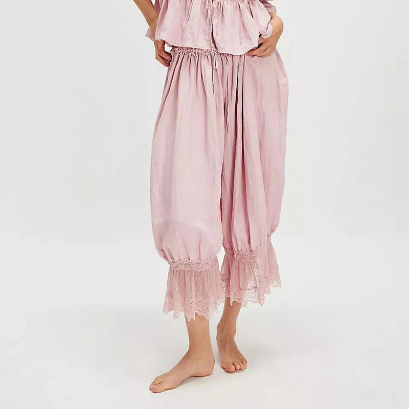 Women's Y2K Loose Fit Bloomers Cropped Pants Drawstring High Waist Floral Lace Patchwork Calf-Length Lantern Trousers