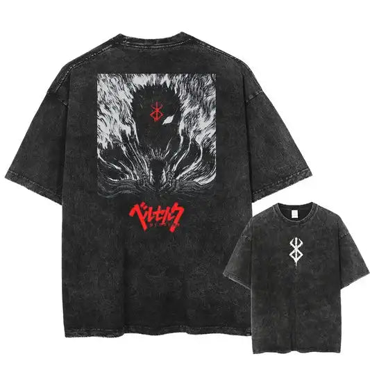Japanese Anime Berserk Retro Washed T-shirt Men and Women New Summer Harajuku Clothing Casual Round Neck Short Sleeved Top