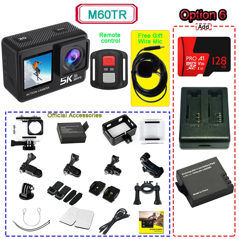 Action Camera 5K 4K60FPS  50MP 2" Touch Dual Screen 5X Zoom Wi-Fi EIS  170° DVR Webcam Wireless Mic 30M Waterproof Sport Camera