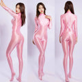High-Slit Stretch Glossy Body Shaping Sports Leggings Long Zipper Long Sleeve Shiny Smooth Full Body Solid Color Bodysuits PA3S