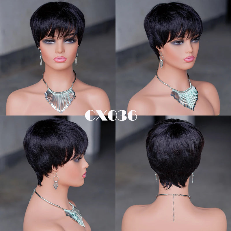 Short Pixie Cut Human Hair Wig for Women Natural Black Brazilian Hair Wig Machine Made Wigs with Bangs  Cheap  Layered Cut  Wigs