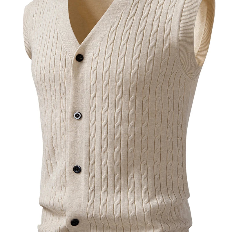 Beige Men's Sleeveless Knit Vest; Pullover Vests for Fall and Winter, Available in Yellow, Gray, Khaki, and Blue.