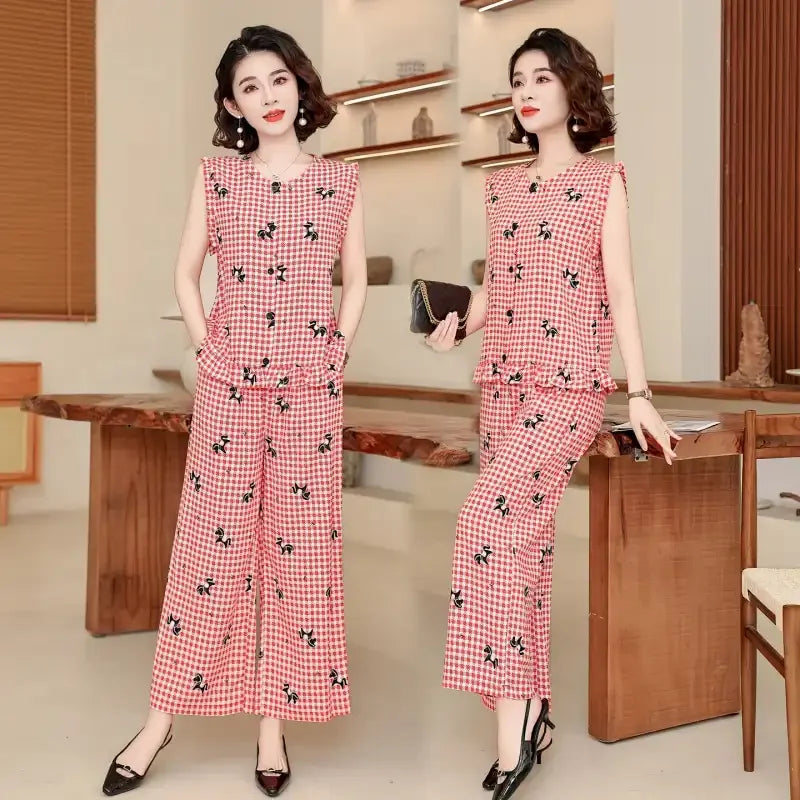 Women 2 Piece Outfit Sleeveless Printed Top And Wide Leg Pants Summer Casual Mom Wear For Middle Aged