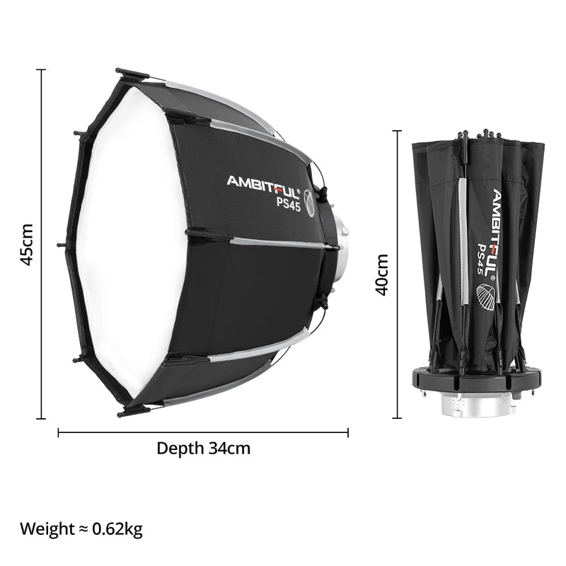 AMBITFUL 45cm Bowens Mount Softbox Quick Setup With Grid Kit Replaceable Chuck ：Bowens/Elinchrom/Broncolor A/Broncolor B