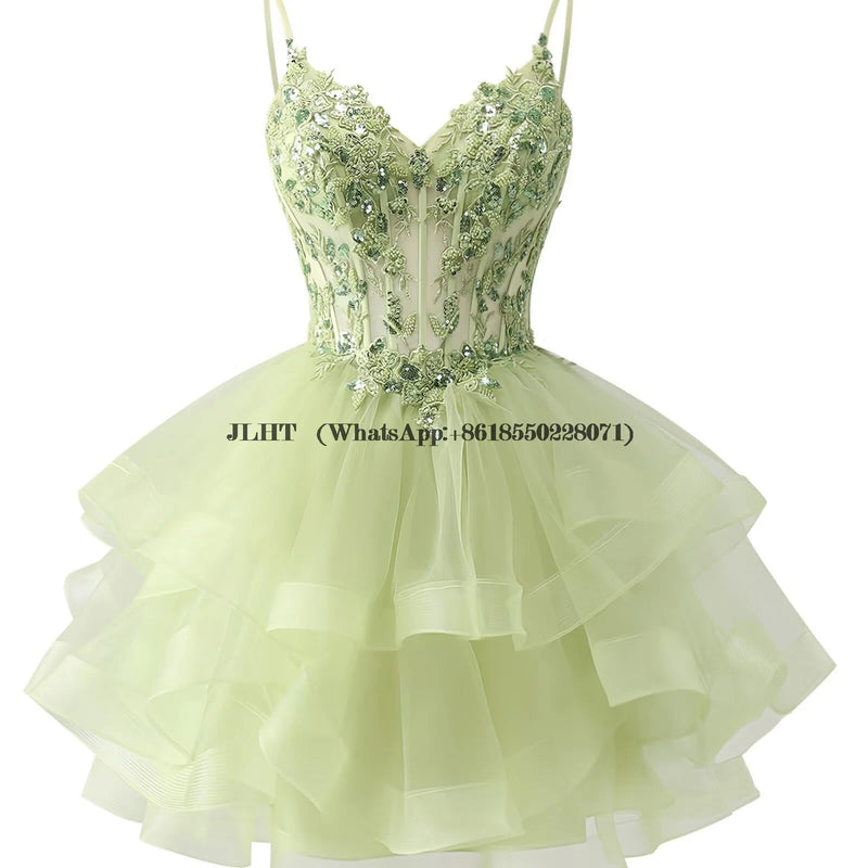Customized Tiered Tulle A Line Homecoming Dress For Teens Sparkly Lace Applique Beaded Short Prom Dress Mini Cocktail Party Gown