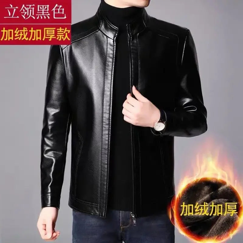 Faux Leather Men Jackets Coats Stand Collar Zipper Coat Solid Casual Regular Splice Simple Jacket Outerwear Autumn Winter