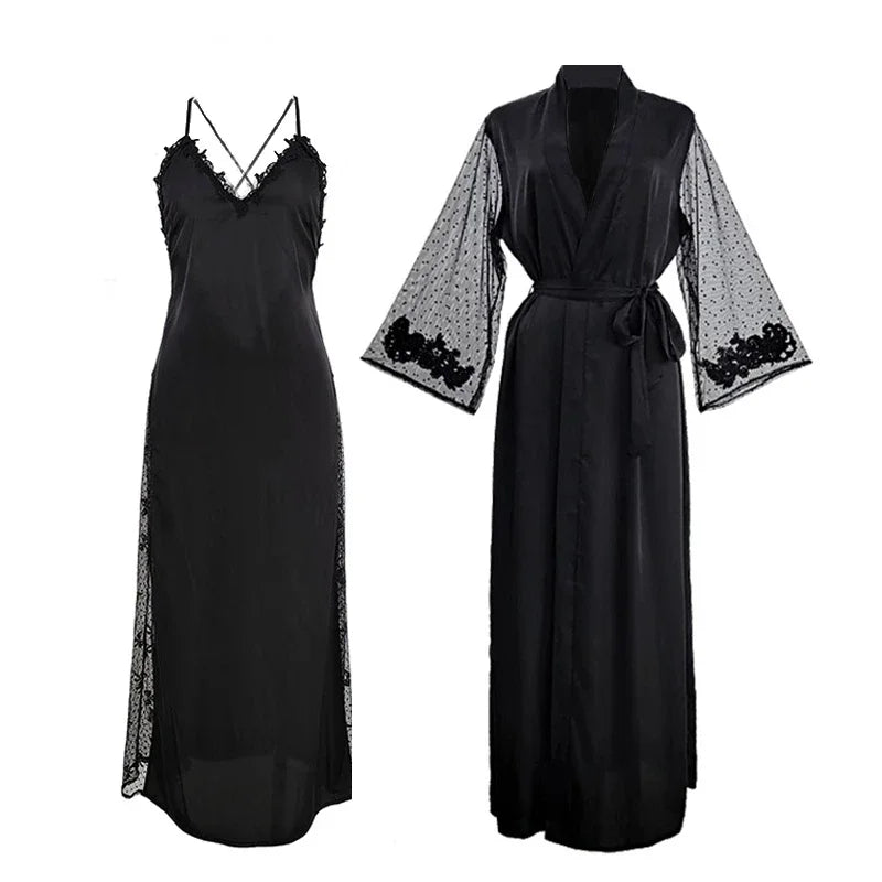 Women Satin Lace Intimate Sleepwear Set Nightgown Sexy | SAMAG