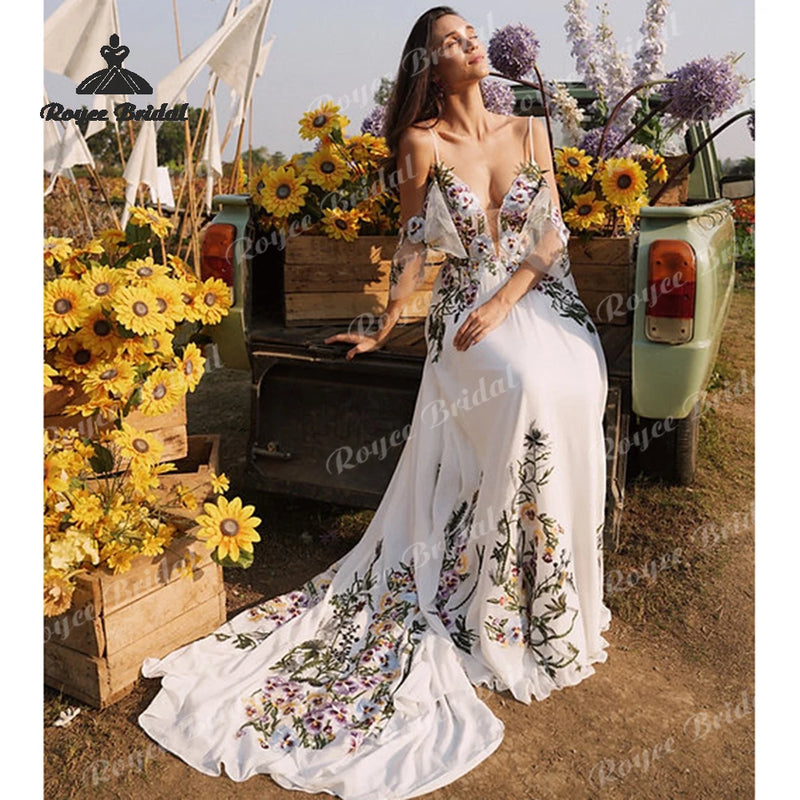 Colorful Floral Chiffon A Line Wedding Dresses Off - View 4 | SAMAG